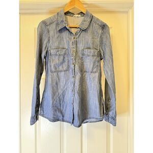 Eileen Fisher Button Down Shirt Womens Small Blue Tencel Cotton Denim Chambray